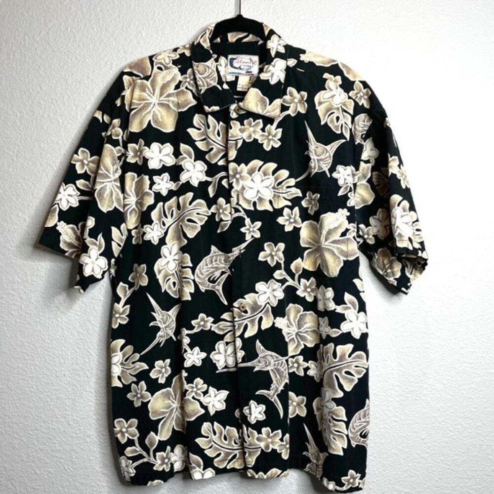Bluewater Wear Hawaiian Fishing Shirt XL Black Cotton Sailfish Aloha Button Up